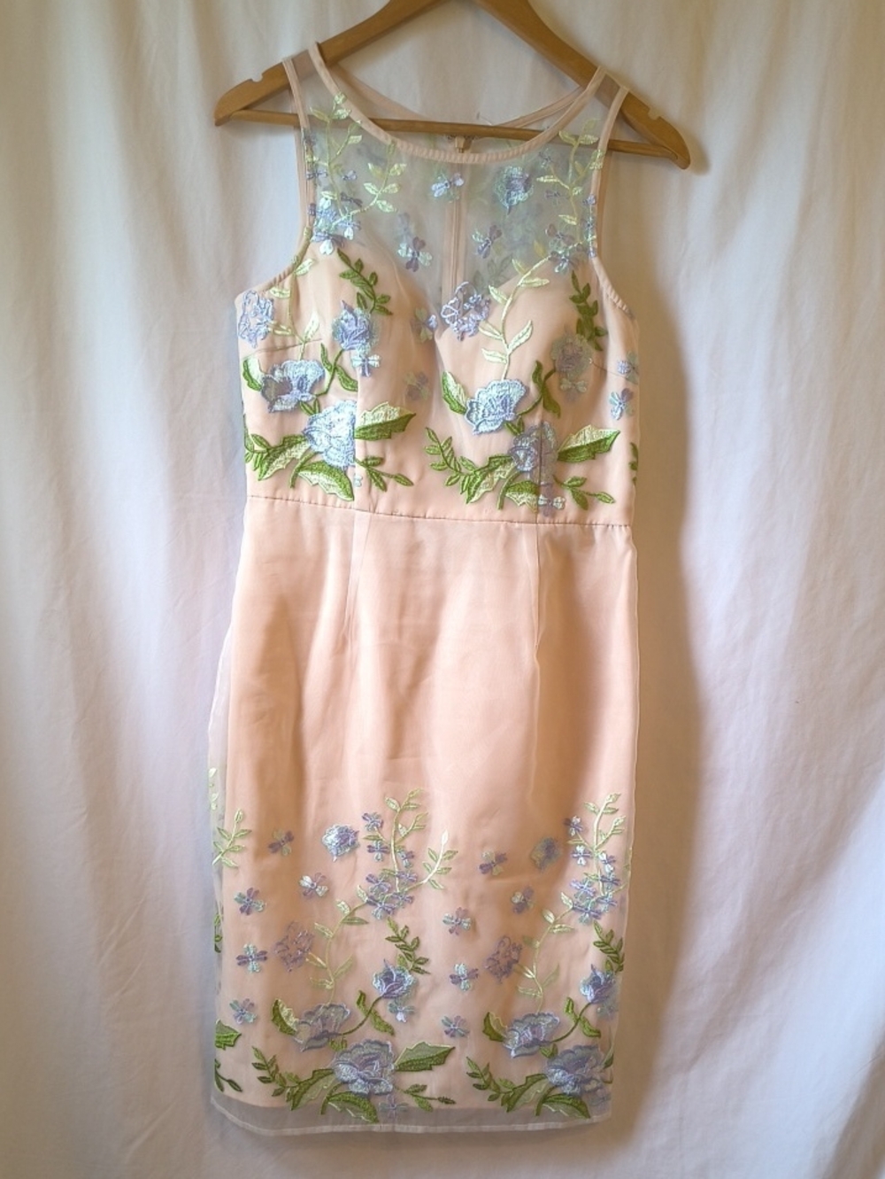 Minuet Petite Cream Midi Dress with Blue Floral Embroidery.